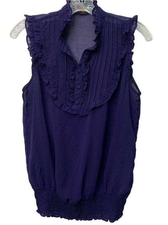 Tops - Womens Small Purple Ruffle Front Button Up Cinch Sleeveless Blouse